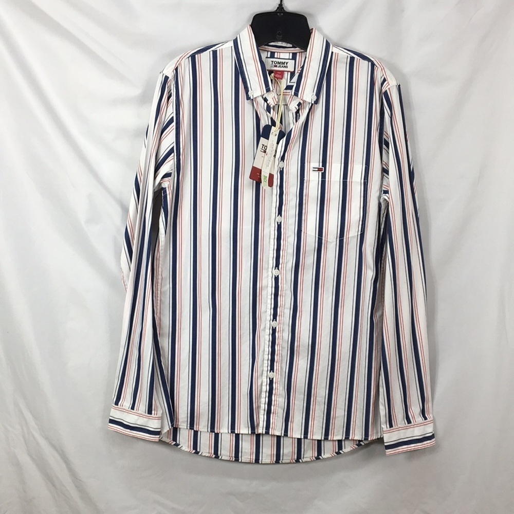 Tommy Jeans Mens Long Sleeve Pinstripe Buttons Down Dress Shirt Size S NWT